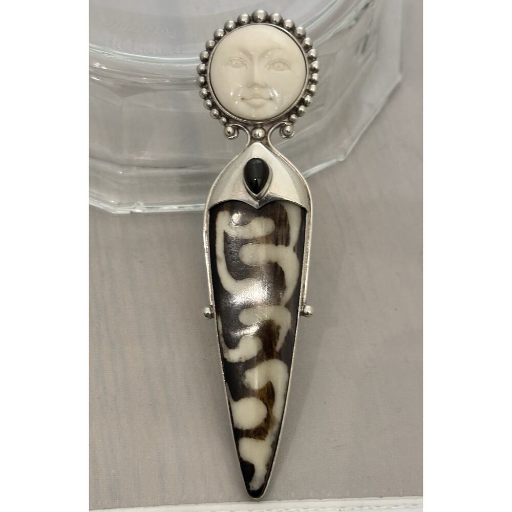 Vintage SAJEN Sterling Carved MoonFace/BlackOnyx 4.75” PIN/PENDANT